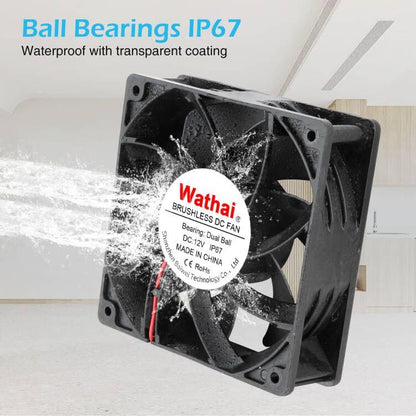 Wathai IP67 120mm x 38mm 12V Waterproof Exhaust Fan Dual Ball High Speed | IP67 3000RPM High Preformance for Greenhouse, Van, Humid Environments, Outdoor Enclosures or DIY Cooling Ventilation - size: 120x38mm