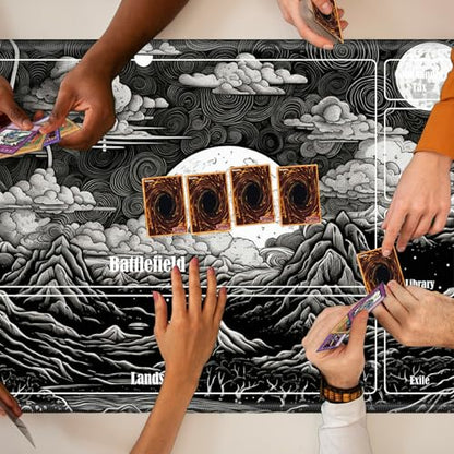 MTG Playmat with Zones, TCG Card Game Play Mat with Stitched Edges, Non-Slip Rubber Base Gaming Desk Mat, Smooth Surface 24 x 14 Inch, Black and White Landscape - color: Black and White Landscape, size: Zone 1