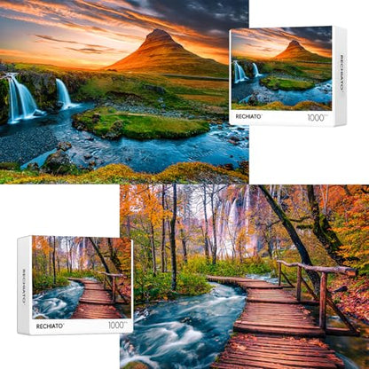 Jigsaw Puzzles for Adults, 2 Pack Puzzles for Adults 1000 Pieces,Sunset Over Kirkjufell in Iceland & Wooden Long Bridge in Plitvice National Park, Gifts for Women &Mom - color: Sunset Over Kirkjufell & Wooden Long Bridge