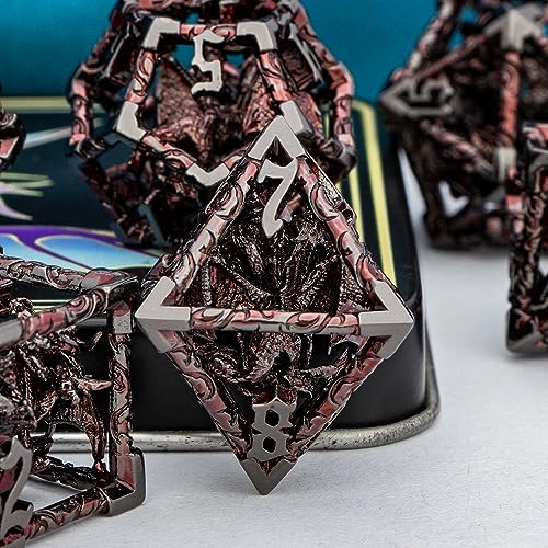ARUOHHA Hollow DND Dice Set Black Red 5-Headed Dragons D and D Dice with Gift Box, RPG Role Playing Games 7PCS Metal Dungeons Polyhedral Dice D20 D12 D10 D8 D6 D4 - color: Black Red-02