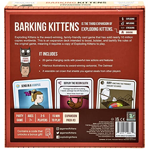 Barking Kittens Expansion Set - A Russian Roulette Card Game for Adults, Teens & Kids, Easy Family-Friendly Party Games - 20 Card Add-on | Add wild twists to Exploding Kittens with 20 new cards and a wearable Cat Crown. Quick-to-learn game night expansion