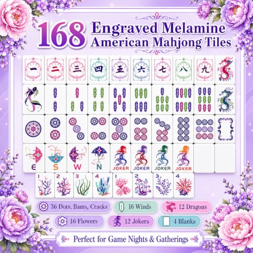 Purple American Mahjong Set, 168 Melamine Tiles | Includes 168 Mahjong tiles with 12 jokers and a gift box. Portable for game nights, weekly clubs and gifting. - color: Purple