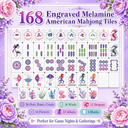 Purple American Mahjong Set, 168 Melamine Tiles | Includes 168 Mahjong tiles with 12 jokers and a gift box. Portable for game nights, weekly clubs and gifting. - color: Purple