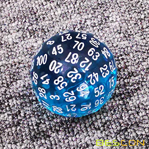 Bescon Translucent Blue Polyhedral Dice 100 Sides, D100 dice, 100 Sided Cube, Transparent D100 Game Dice - color: Translucent Blue D100