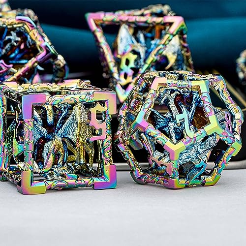 ARUOHHA Hollow DND Dice Set, 7PCS Metal Rainbow D and D Dice Role Playing Games RPG Polyhedral Dice with Gift Box D20 D12 D10 D8 D6 D4 - color: Rainbow