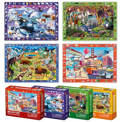 Jigsaw Puzzles for Kids Ages 4-6 - 4 x 60 Piece Kids Puzzles Ages 5-8 | Search and Find Puzzles for Kids Ages 6-8 - Toddlers Puzzles Ages 3-5 Year Old - Forest, Polar, Usa Park and City Animal - color: Animals