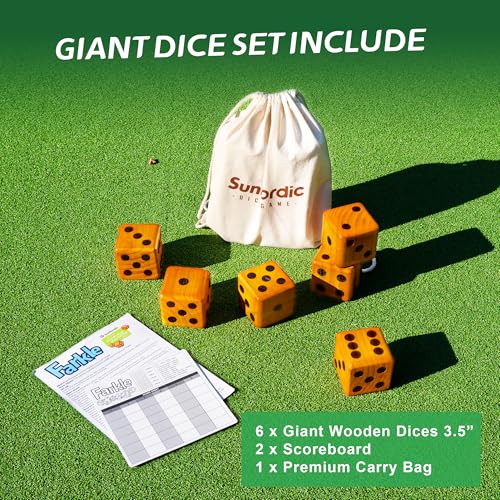 SunNordic 6 Giant Wooden Yard Dice Game Set, Outdoor Lawn Yardzee Game Jumbo with Carry Bag＆ Scorecard, Backyard Dice Game for Adults Family