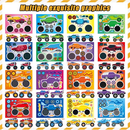 48 Sheets Create Monster Truck of Dreams Stickers, Make Your Own Stickers for Boys and Girls, Travel Sticker Books, Party Favors, Birthday, Home, School and Activities Gifts for Kids Ages 3+ - style: Monster Car