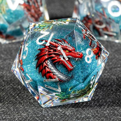KERWELLSI Liquid Core Dragons Pattern Dice, Resin DND Dice Set with Gift Box, Blue Sharp Edged Dungeons D&D Dice, Role Playing Game Dice D20 D12 D10 D8 D6 D4 - color: Blue