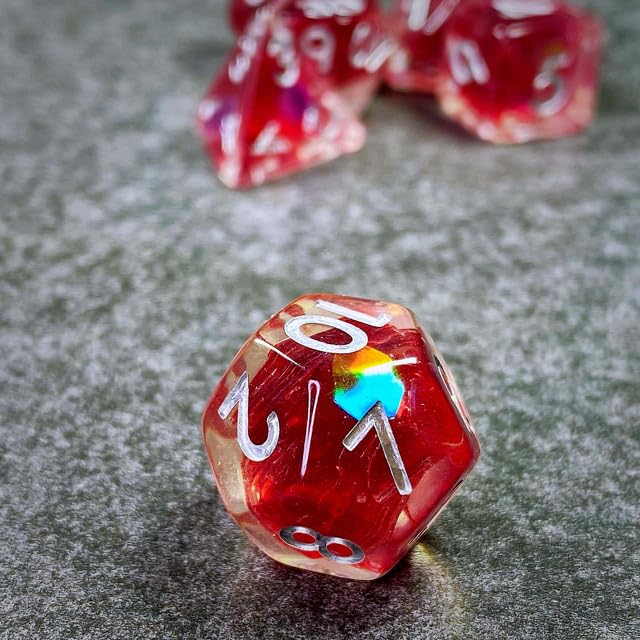 Sage’s Portal Cantrips DND Dice Set - Round Edge Resin 7-PC Polyhedral DND Dice Set for Dungeons and Dragons D&D RPG Tabletop TTRPG (Red Holo Flakes) - color: Red Holo Flakes