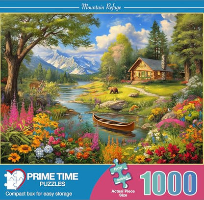 1000 Piece Jigsaw Puzzle for Adults - Log Cabin by a Mountain Lake - Challenging Puzzle - Adult 1000 Piece Puzzle - Wildlife Floral Landscape Scene with Canoe. 20x27 inches - color: Mountain Refuge