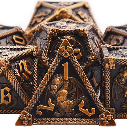 AUSTOR 7-Die Metal DND Dice Set Dungeons and Dragons Polyhedral Roll Playing Dice with Box D20 D12 D10 D% D8 D6 D4 for Pathfinder MTG RPG Board Games - color: Ancient Gold