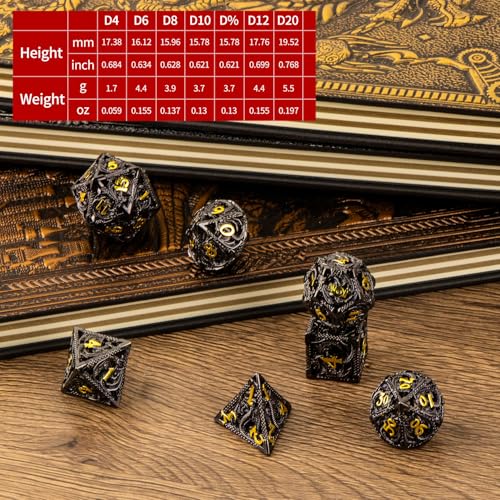 7PCS DND Dice Set, Premium Hollow Metal Polyhedral Dice with Treasure Chest & Dice Bag, Gift for Men & Women, Dungeons and Dragons, TTRPG RPG Tabletop Games (Black) - color: Black