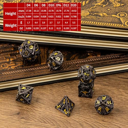 7PCS DND Dice Set, Premium Hollow Metal Polyhedral Dice with Treasure Chest & Dice Bag, Gift for Men & Women, Dungeons and Dragons, TTRPG RPG Tabletop Games (Black) - color: Black