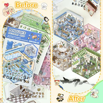 3D House Stickers,DIY Sticker Therapy for Adult Fun Cute Cartoon Stickers | Scene Make Your Own for MINI Room Scenes for MINIature Supermarket for Relief Stress Pass The Time (6 Pcs Large+12 Pcs) - size: 6 Pcs Large + 12 Pcs Regular