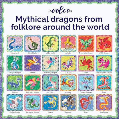 eeBoo Shiny Dragons Memory & Matching Game, Ages 3+, 1-4 Players | Introduces mythical dragons. Sharpens recognition, concentration & memory skills. Includes 48 foil tiles, 24 pairs - style: Shiny Dragons