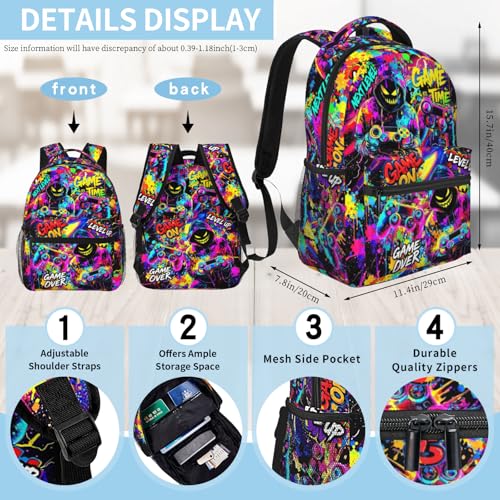 Kids Game Backpack for Boys Video Game Backpack for Kids Children Teens Elementary Middle School Students Bookbag Ages 6-18 Lightweight Adjustable Back Pack - color: Graffiti Game