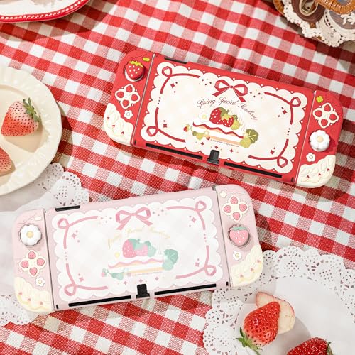 GeekShare Strawberries with Cream Case Compatible with Switch OLED, Soft Silicone Slim Protective Cover with Separable Shell and 2 Thumb Grips (Pink) - color: Pink Strawberries, size: For Switch OLED