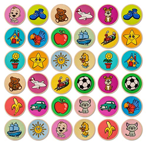 Montessori-Inspired Wooden Matching Game for Toddlers 2-4 Years - Durable, Scratch-Resistant 36 Card Set, Includes Carry Bag - Memory Game for Toddlers 2-4 Years - Cognitive Verbal Skills Development - size: First Words 36 cards