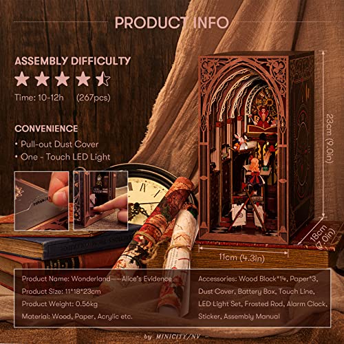 MiniCity Alice in Wonderland Book Nook Kit, DIY 3D Wooden Puzzle with LED | Build Alice's courtroom in 6-8 hr; 267-piece kit includes LED, dust cover, glue/tools and guide for shelf display, ages 14+. - style: Alice in Wonderland