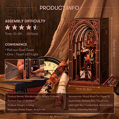 MiniCity Alice in Wonderland Book Nook Kit, DIY 3D Wooden Puzzle with LED | Build Alice's courtroom in 6-8 hr; 267-piece kit includes LED, dust cover, glue/tools and guide for shelf display, ages 14+. - style: Alice in Wonderland