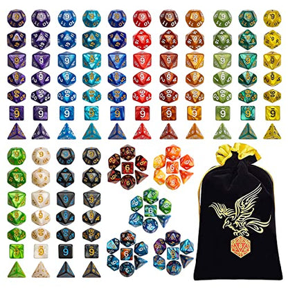 QMay 20 Sets Polyhedral Dice - 140 Pcs (20 X 7) DND Dice + 1 Large Dice Bag | 20 Colors D4 D6 D8 D10 D% D12 D20, Great for Dungeons&Dragons, MTG, Role Playing Table Games, Dice Goblins, RPG Players & DMs - color: 20 Sets-140pcs
