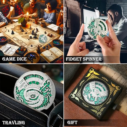 DNDND Dragon Roulette Spinner Metal Dice 7-in-1 Fidget Spinner DND Dice Set with Gorgeous Gift Box for Dungeons and Dragon and Tabletop Game (Silver with Green) - color: Dragon Silver Green