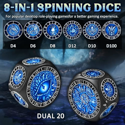 ZHOORQI 8-in-1 DND Dice Set – Metal Spinner Dice with Dual D20, 3D Monster Engravings & Smooth Spinning – Perfect for TTRPG, D and D Dungeons and Dragons Gifts(Black Dice- Blue) - color: Black Blue