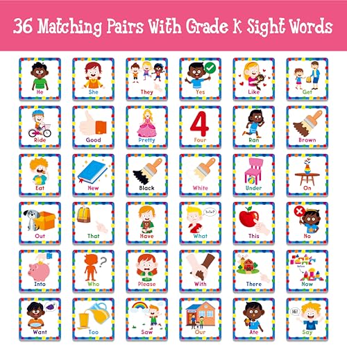 Hebayy Memory Matching Game, 72 PCS Grade K Sight Words Matching Cards for Kids, 36 Pairs Memory Cards, Educational Toy for Children to Learn Sight Words - style: Sight Words-B
