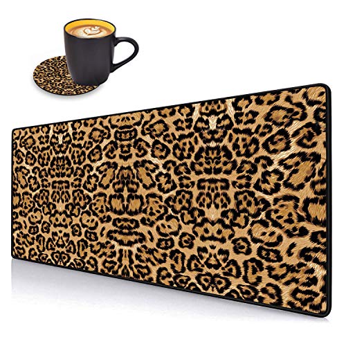 Desk Pad Mat Gaming Mouse Pads with Coasters Set, Stitched Edges Design Mouse Pad XXL Large Mouse Pad for Laptop Computers Leopard Print Desk Writing Mat for Office & Home 31.5"x 11.8" - color: Leopard Print
