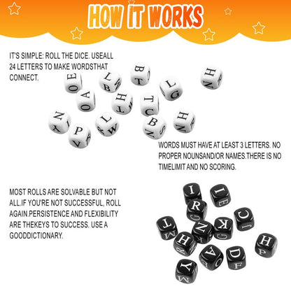 24 Pcs Dice Set, The Crossword Solitaire Game, 6 Sided Dice Crossword Creative Game, Two-Player Interactive Family English Letter Dice Games for Adults