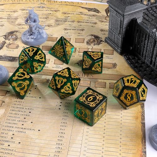 LUCKY-M Glass Dice DND Set, Polyhedral Crystal Glass Dice D&D for Dungeons and Dragons, with Case for RPG MTG Tabletop Games Men & Women Gift(PF-Green) - color: Pf-green