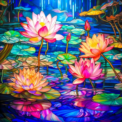 Bgraamiens Stained Glass Waterlily Jigsaw Puzzle - 1000-Piece Floral Art for Adults, Color Challenge with Botanical Mosaic Design, Home Decor & Gift Idea - color: Stained Glass Waterlily