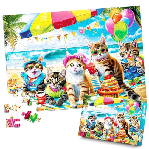 Puzzles for Kids Ages 4-8 6-8 8-10 Year Old and Seniors - Funny Cats Puzzle Beach Kitten Jigsaw Puzzles, 100 Piece Puzzle for Toddler Children Learning Educational Puzzles Toys for Boys and Girls - size: Cats Puzzles