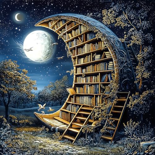 Moonlit Book Haven 500-Piece Adult Jigsaw Puzzle: Enchanted Night Library Fantasy Scene, 20x20 Inches – Mindful Relaxation & Cozy Hobby - color: Moonlit Book Haven