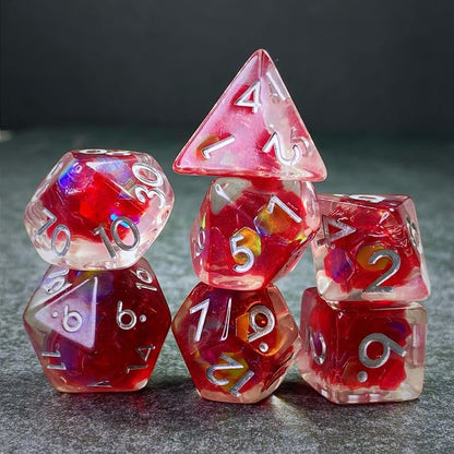 Sage’s Portal Cantrips DND Dice Set - Round Edge Resin 7-PC Polyhedral DND Dice Set for Dungeons and Dragons D&D RPG Tabletop TTRPG (Red Holo Flakes) - color: Red Holo Flakes