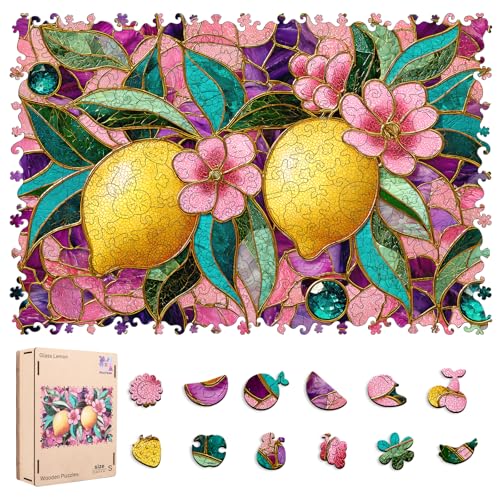 Mocfesk Wooden Puzzles for Adults, 200 Pieces Stained Glass Lemon Puzzles | Unique Shaped Flower Jigsaw Puzzles, Birthday Gifts Fun Family Game Puzzle Lovers & Home Decor 11.2 x 17.5 in - color: Glass Lemon, size: Small