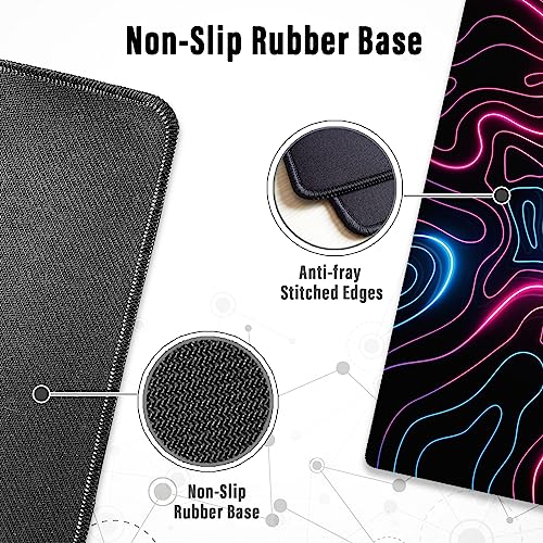 Ovenbird Gaming Mouse Pad with Stitched Edges, Topographic Map Pink Extended XL Mousepad with Anti-Slip Base, Cool Neon Large Mouse Pad for Desk, 31.5 x 11.8 in, Pink and Blue - color: Neon Topo, size: Extended