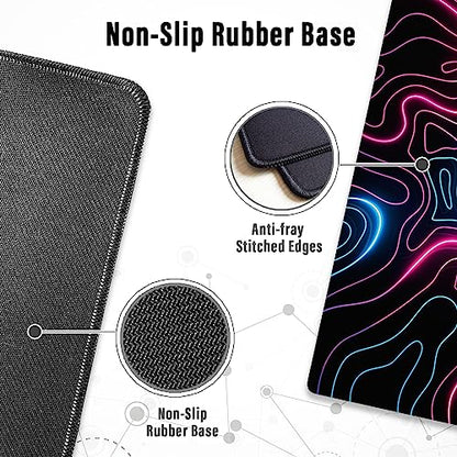Ovenbird Gaming Mouse Pad with Stitched Edges, Topographic Map Pink Extended XL Mousepad with Anti-Slip Base, Cool Neon Large Mouse Pad for Desk, 31.5 x 11.8 in, Pink and Blue - color: Neon Topo, size: Extended