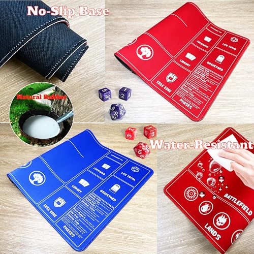 Card Game MTG Playmat for Beginner 2 Pack with Dices, Magic Mat Commander Deck Playmat for TCG MTG Accessories Play Mat 24x14 Inches Duel Card Battles, Red/Blue - color: Blue+red