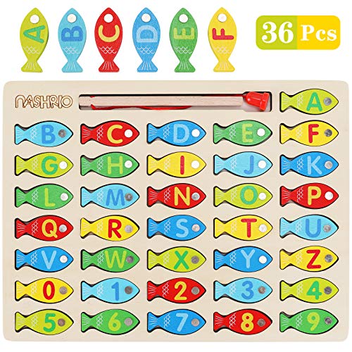 Magnetic Wooden Fishing Game Toy for Toddlers, Alphabet Fish Catching Counting Games Puzzle with Numbers and Letters, Preschool Learning ABC Math Educational Toys 3 4 5 Years Old Girl Boy Kids - color: Multicolor