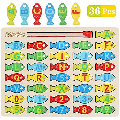 Magnetic Wooden Fishing Game Toy for Toddlers, Alphabet Fish Catching Counting Games Puzzle with Numbers and Letters, Preschool Learning ABC Math Educational Toys 3 4 5 Years Old Girl Boy Kids - color: Multicolor