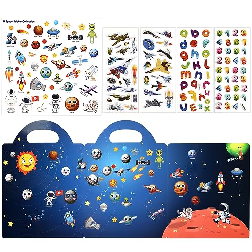 ASTARON Reusable Sticker Book for Toddlers, 88 Pcs Space Stickers Road Trip Activities Car Airplane Activities Travel Toys for Kids, Kids Quiet Time Activities (2-6 Age) - style: Space