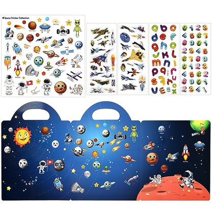 ASTARON Reusable Sticker Book for Toddlers, 88 Pcs Space Stickers Road Trip Activities Car Airplane Activities Travel Toys for Kids, Kids Quiet Time Activities (2-6 Age) - style: Space