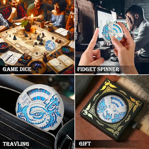 DND Dice DNDND Dragon Roulette Spinner D&D Dice 7-in-1 Spinner Metal DND Dice Set with Luxurious Gift Box for Dungeons and Dragon and Tabletop Game (Silver with Blue) - color: Dragon Silver Blue