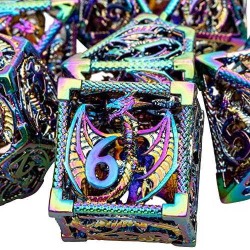 ARUOHHA Hollow DND Metal Dice Set Rainbow Dragons D and D Dice, RPG Role Playing Games Dungeons Polyhedral Dice with Gift Box D20 D12 D10 D8 D6 D4 - color: Colorful