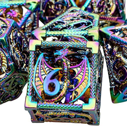 ARUOHHA Hollow DND Metal Dice Set Rainbow Dragons D and D Dice, RPG Role Playing Games Dungeons Polyhedral Dice with Gift Box D20 D12 D10 D8 D6 D4 - color: Colorful