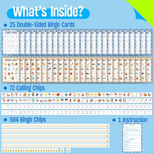 SpriteGru Spanish Bingo Game, 25 Boards for Spanish Vocabulary Bilingual Word Bingo Game Educational Toys for Language Learning - Ages 5 and up (Up to 25 Players) - style: Spanish Bingo Game