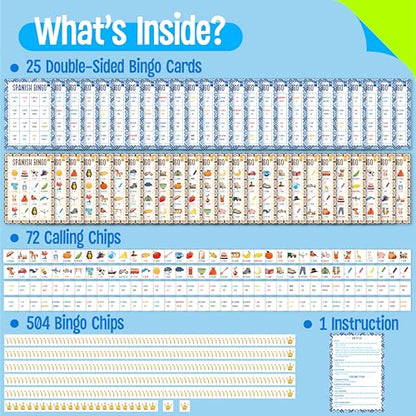 SpriteGru Spanish Bingo Game, 25 Boards for Spanish Vocabulary Bilingual Word Bingo Game Educational Toys for Language Learning - Ages 5 and up (Up to 25 Players) - style: Spanish Bingo Game