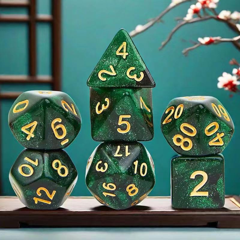 7Pcs Polyhedral DND Dice Set with Black Storage Bag (Black&Green+Nebula) | Classic dice set for RPG Polyhedral Dice for Dungeon and Dragons Playing Games 7-Die Set - color: Black&green+nebula Dice
